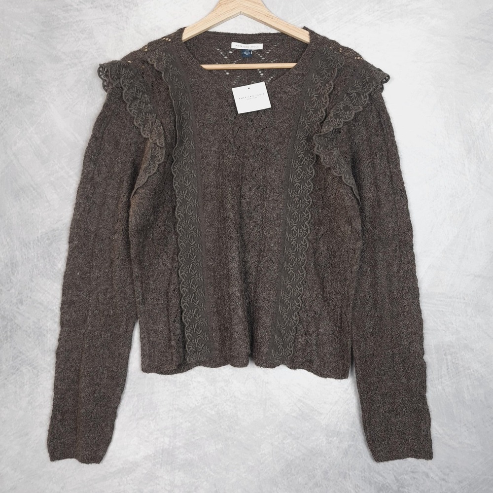 American Eagle Outfitters Sweater Womens Large Brown Ruffle Lace Open-Knit Soft